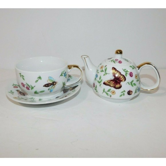 TEAOPIA  Butterfly Bees Floral Teacup / Single Tea pot Set Porcelain Gold - Picture 3 of 10